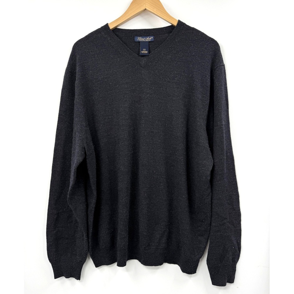 Garret Scott Sweater Mens 2XL Gray 100% Merino Wool V‎ Neck Pullover Knit